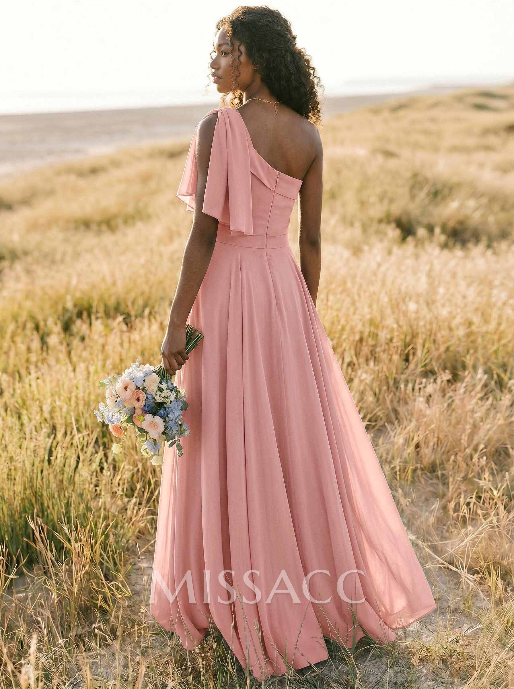 A-Line One-Shoulder Sleeveless Floor-Length Chiffon Bridesmaid Dresses With Bow(s)/Pockets