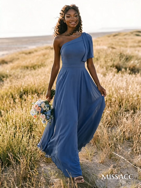 A-Line One-Shoulder Sleeveless Floor-Length Chiffon Bridesmaid Dresses With Bow(s)/Pockets