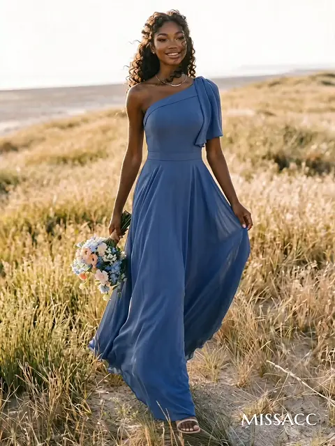 A-Line One-Shoulder Sleeveless Floor-Length Chiffon Bridesmaid Dresses With Bow(s)/Pockets