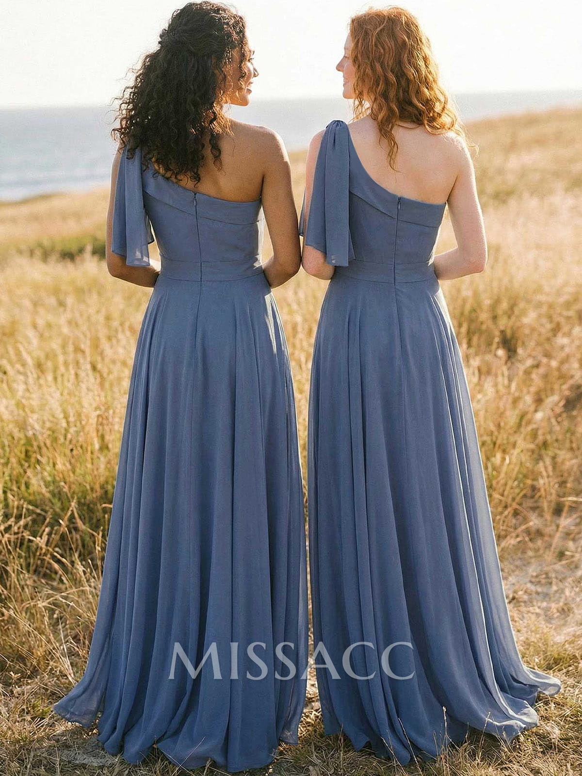 A-Line One-Shoulder Sleeveless Floor-Length Chiffon Bridesmaid Dresses With Bow(s)/Pockets