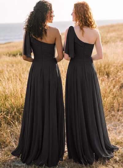 A-Line One-Shoulder Sleeveless Floor-Length Chiffon Bridesmaid Dresses With Bow(s)/Pockets