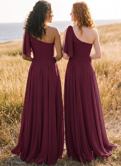 A-Line One-Shoulder Sleeveless Floor-Length Chiffon Bridesmaid Dresses With Bow(s)/Pockets