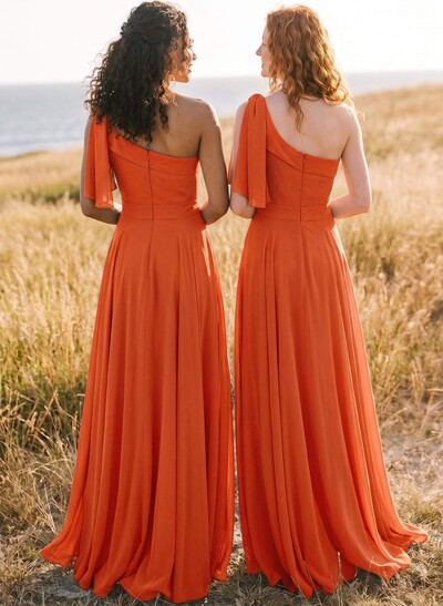 A-Line One-Shoulder Sleeveless Floor-Length Chiffon Bridesmaid Dresses With Bow(s)/Pockets