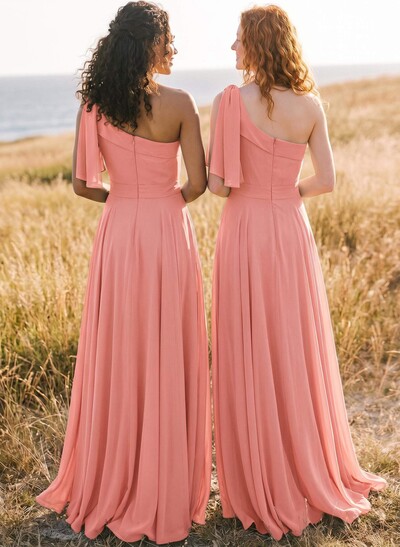 A-Line One-Shoulder Sleeveless Floor-Length Chiffon Bridesmaid Dresses With Bow(s)/Pockets