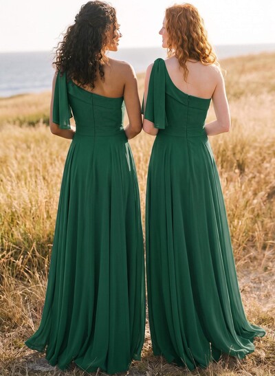 A-Line One-Shoulder Sleeveless Floor-Length Chiffon Bridesmaid Dresses With Bow(s)/Pockets