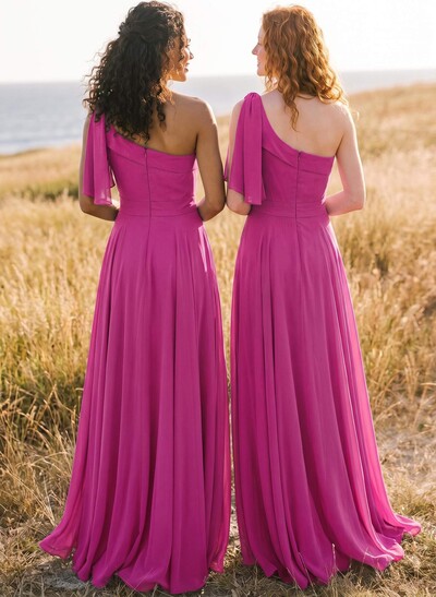 A-Line One-Shoulder Sleeveless Floor-Length Chiffon Bridesmaid Dresses With Bow(s)/Pockets