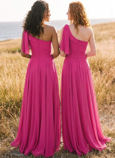 A-Line One-Shoulder Sleeveless Floor-Length Chiffon Bridesmaid Dresses With Bow(s)/Pockets