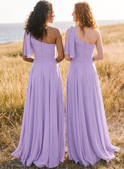 A-Line One-Shoulder Sleeveless Floor-Length Chiffon Bridesmaid Dresses With Bow(s)/Pockets