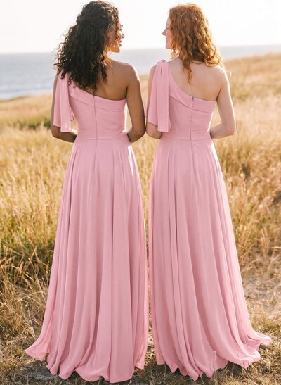 A-Line One-Shoulder Sleeveless Floor-Length Chiffon Bridesmaid Dresses With Bow(s)/Pockets
