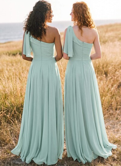 A-Line One-Shoulder Sleeveless Floor-Length Chiffon Bridesmaid Dresses With Bow(s)/Pockets