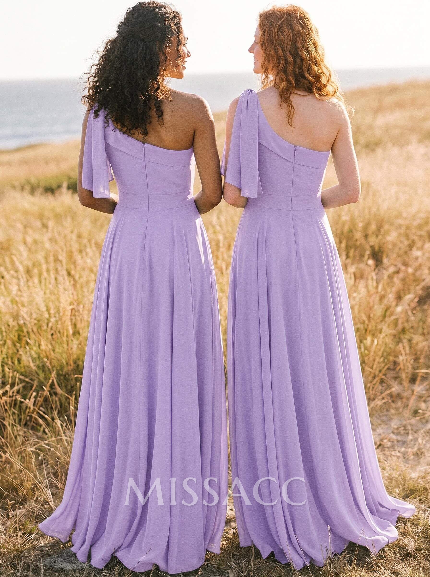 A-Line One-Shoulder Sleeveless Floor-Length Chiffon Bridesmaid Dresses With Bow(s)/Pockets A-Line One-Shoulder Sleeveless Floor-Length Chiffon Bridesmaid Dresses With Bow(s)/Pockets