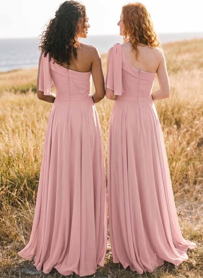 A-Line One-Shoulder Sleeveless Floor-Length Chiffon Bridesmaid Dresses With Bow(s)/Pockets