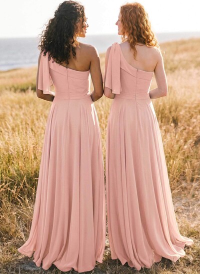 A-Line One-Shoulder Sleeveless Floor-Length Chiffon Bridesmaid Dresses With Bow(s)/Pockets