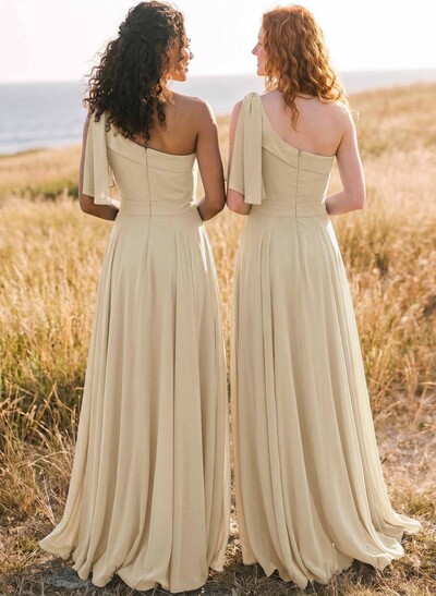 A-Line One-Shoulder Sleeveless Floor-Length Chiffon Bridesmaid Dresses With Bow(s)/Pockets