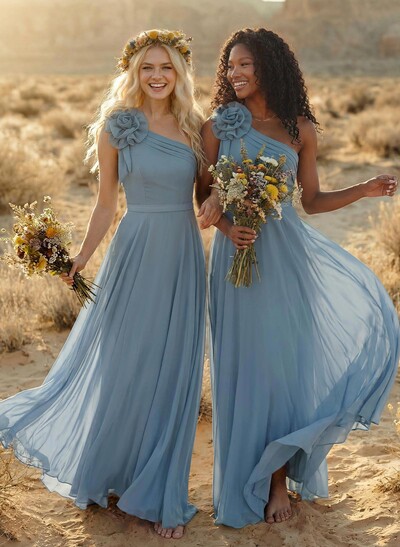 A-Line One-Shoulder Sleeveless Floor-Length Chiffon Bridesmaid Dresses With Flower(s)