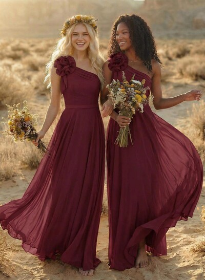 A-Line One-Shoulder Sleeveless Floor-Length Chiffon Bridesmaid Dresses With Flower(s)