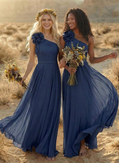 A-Line One-Shoulder Sleeveless Floor-Length Chiffon Bridesmaid Dresses With Flower(s)