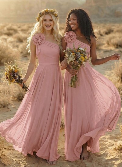A-Line One-Shoulder Sleeveless Floor-Length Chiffon Bridesmaid Dresses With Flower(s)