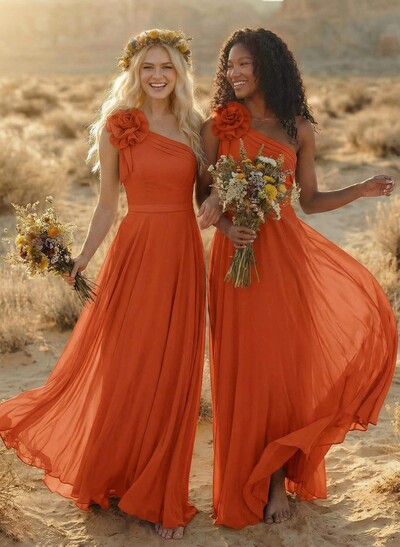 A-Line One-Shoulder Sleeveless Floor-Length Chiffon Bridesmaid Dresses With Flower(s)