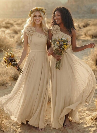 A-Line One-Shoulder Sleeveless Floor-Length Chiffon Bridesmaid Dresses With Flower(s)