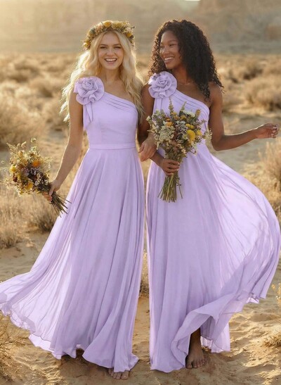 A-Line One-Shoulder Sleeveless Floor-Length Chiffon Bridesmaid Dresses With Flower(s)