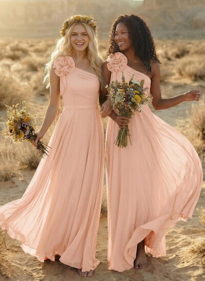 A-Line One-Shoulder Sleeveless Floor-Length Chiffon Bridesmaid Dresses With Flower(s)