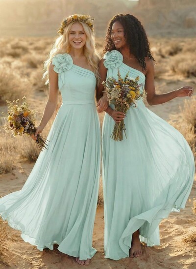 A-Line One-Shoulder Sleeveless Floor-Length Chiffon Bridesmaid Dresses With Flower(s)