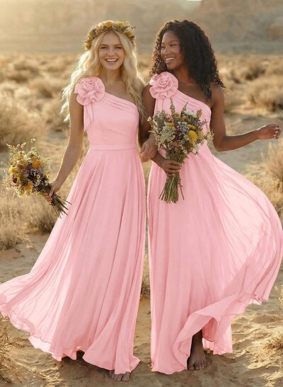 A-Line One-Shoulder Sleeveless Floor-Length Chiffon Bridesmaid Dresses With Flower(s)