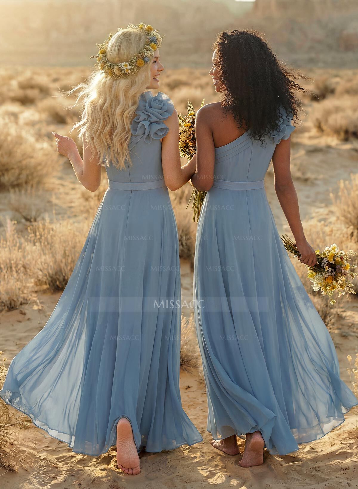 A-Line One-Shoulder Sleeveless Floor-Length Chiffon Bridesmaid Dresses With Flower(s)