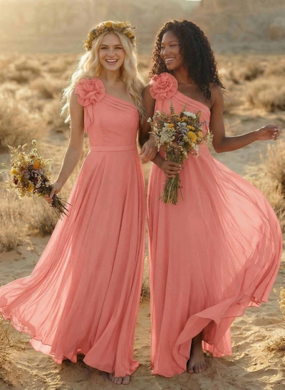 A-Line One-Shoulder Sleeveless Floor-Length Chiffon Bridesmaid Dresses With Flower(s)