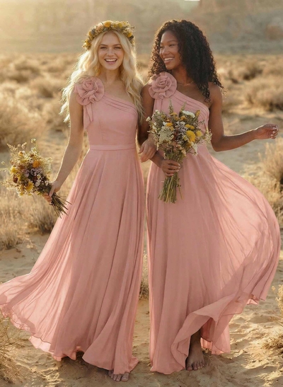 A-Line One-Shoulder Sleeveless Floor-Length Chiffon Bridesmaid Dresses With Flower(s)