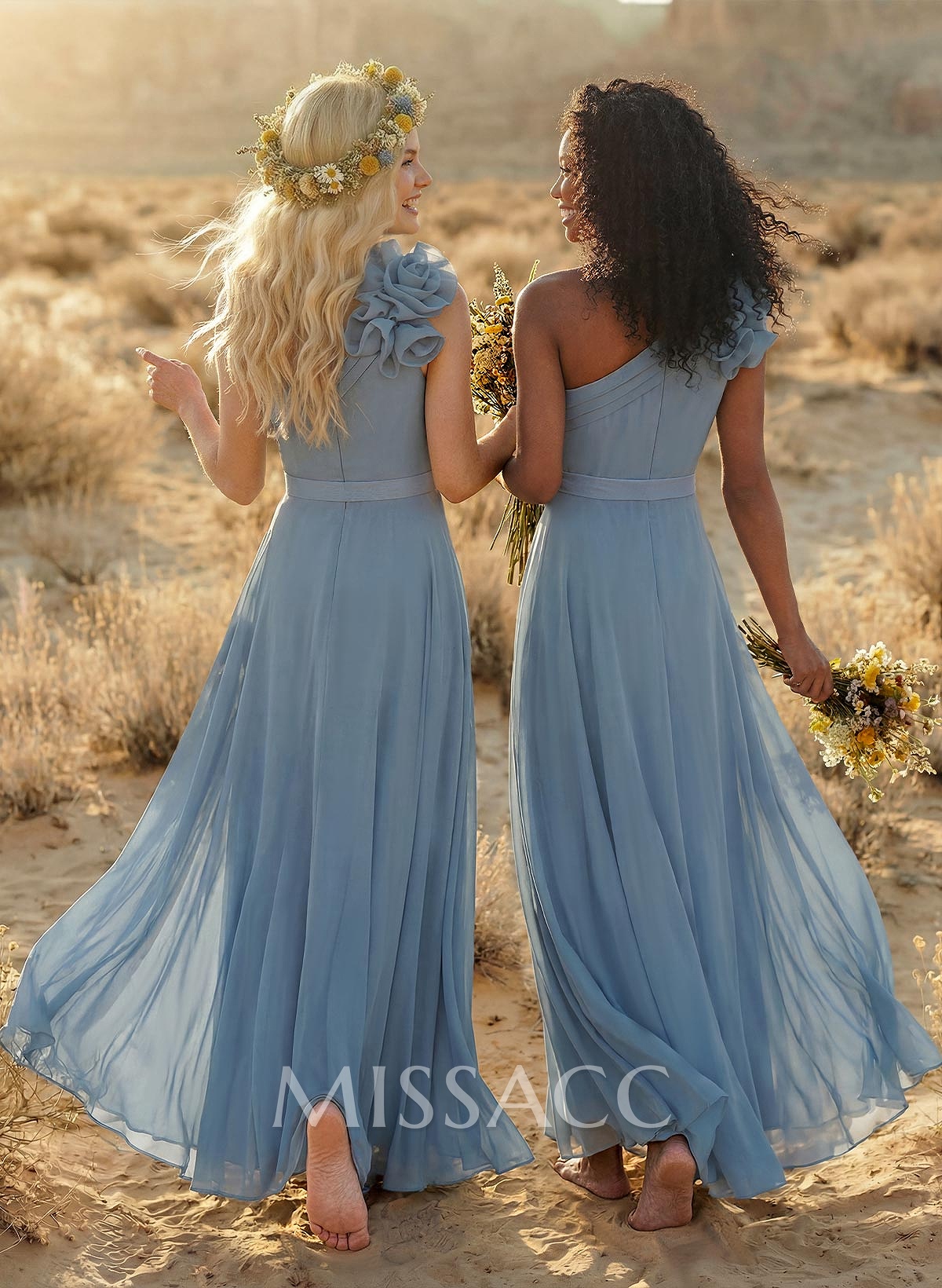 A-Line One-Shoulder Sleeveless Floor-Length Chiffon Bridesmaid Dresses With Flower(s) A-Line One-Shoulder Sleeveless Floor-Length Chiffon Bridesmaid Dresses With Flower(s)