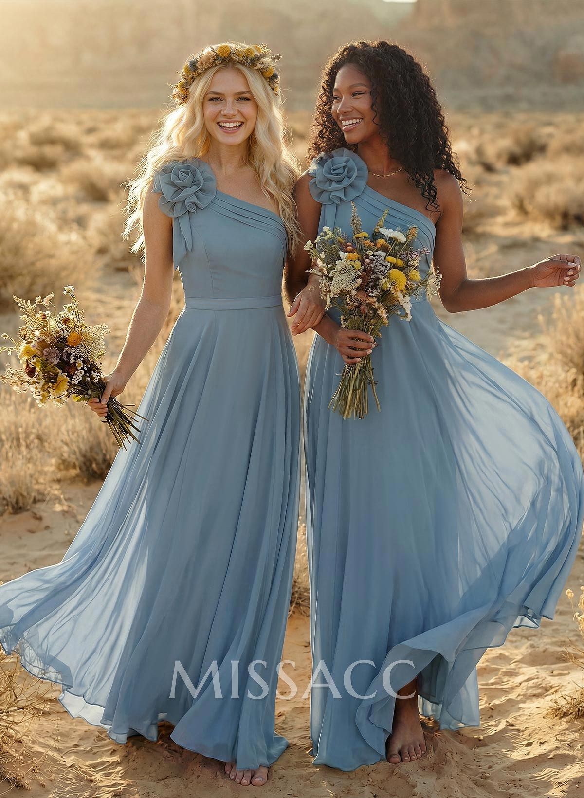 A-Line One-Shoulder Sleeveless Floor-Length Chiffon Bridesmaid Dresses With Flower(s) A-Line One-Shoulder Sleeveless Floor-Length Chiffon Bridesmaid Dresses With Flower(s)
