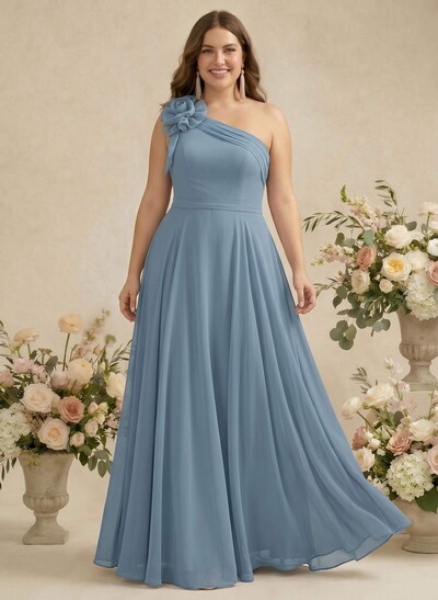 A-Line One-Shoulder Sleeveless Floor-Length Chiffon Bridesmaid Dresses With Flower(s)