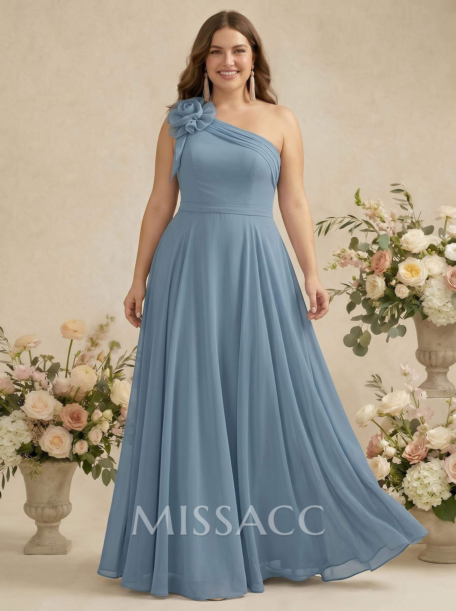 A-Line One-Shoulder Sleeveless Floor-Length Chiffon Bridesmaid Dresses With Flower(s)