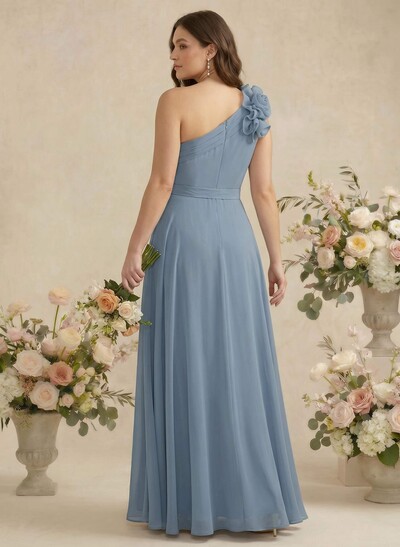 A-Line One-Shoulder Sleeveless Floor-Length Chiffon Bridesmaid Dresses With Flower(s)
