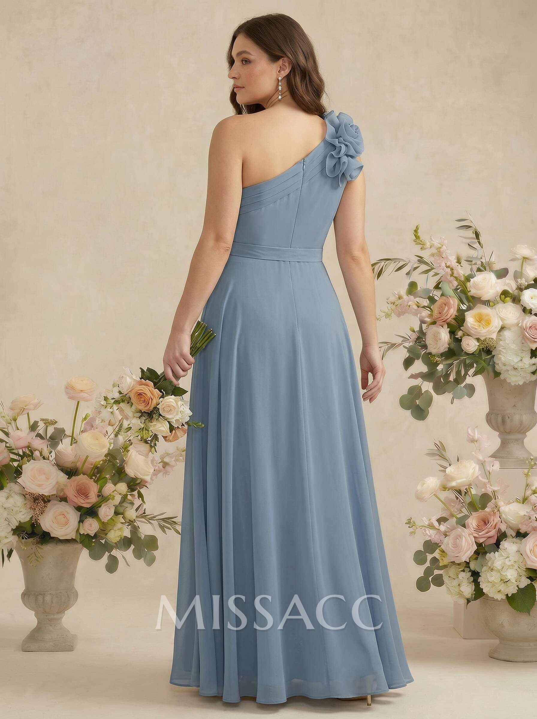 A-Line One-Shoulder Sleeveless Floor-Length Chiffon Bridesmaid Dresses With Flower(s)