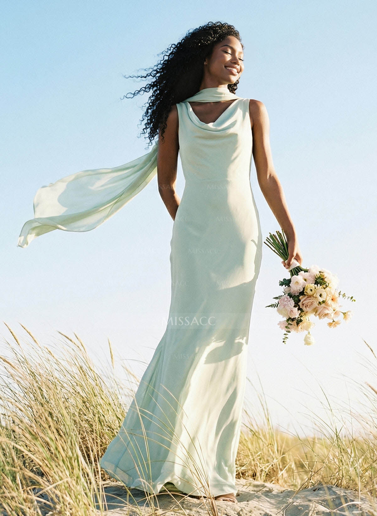 Elegant Sheath/Column Cowl Neck Sleeveless Floor-Length Chiffon Bridesmaid Dresses