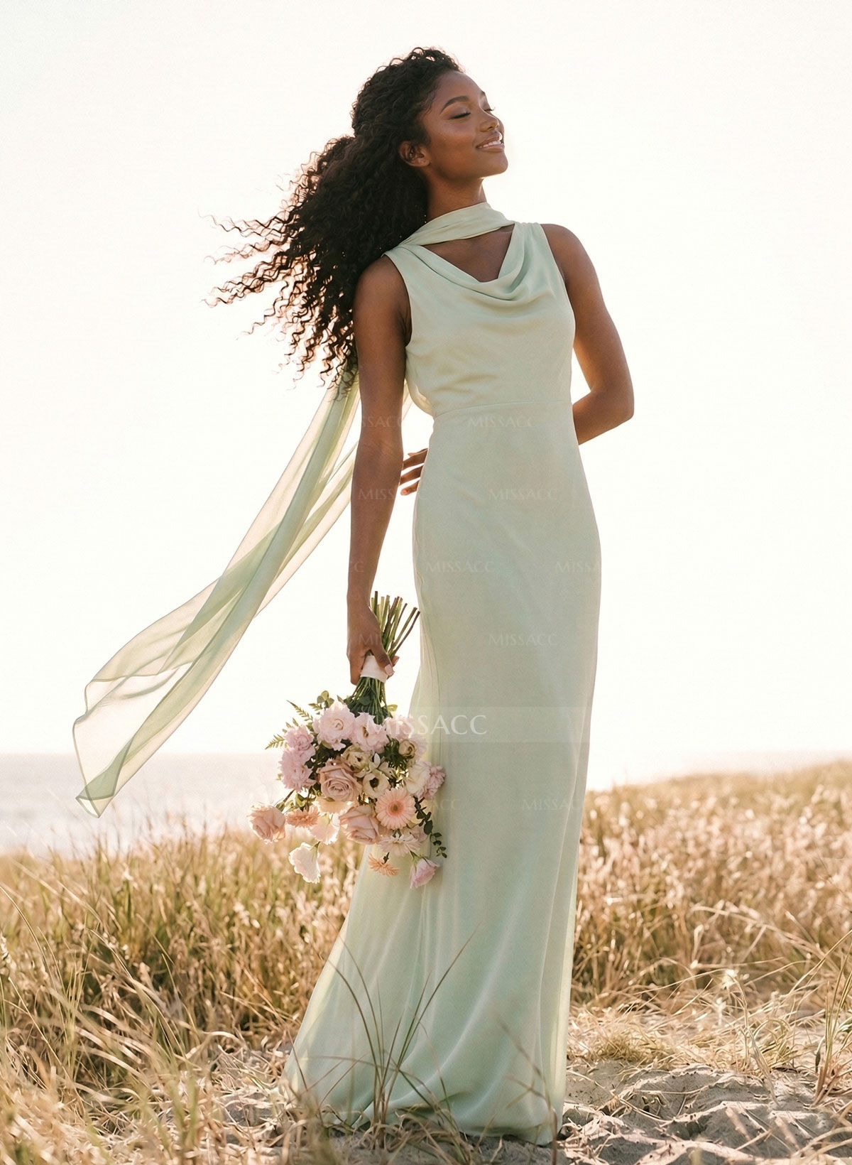 Elegant Sheath/Column Cowl Neck Sleeveless Floor-Length Chiffon Bridesmaid Dresses