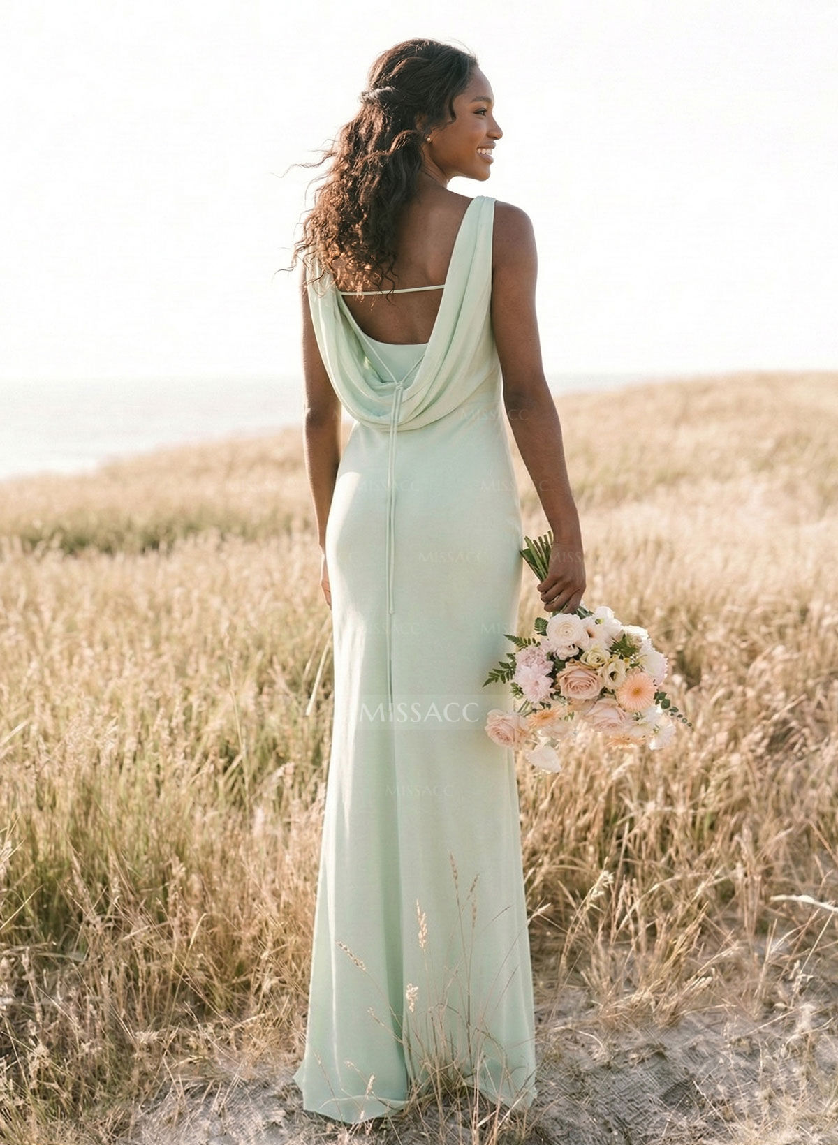 Elegant Sheath/Column Cowl Neck Sleeveless Floor-Length Chiffon Bridesmaid Dresses