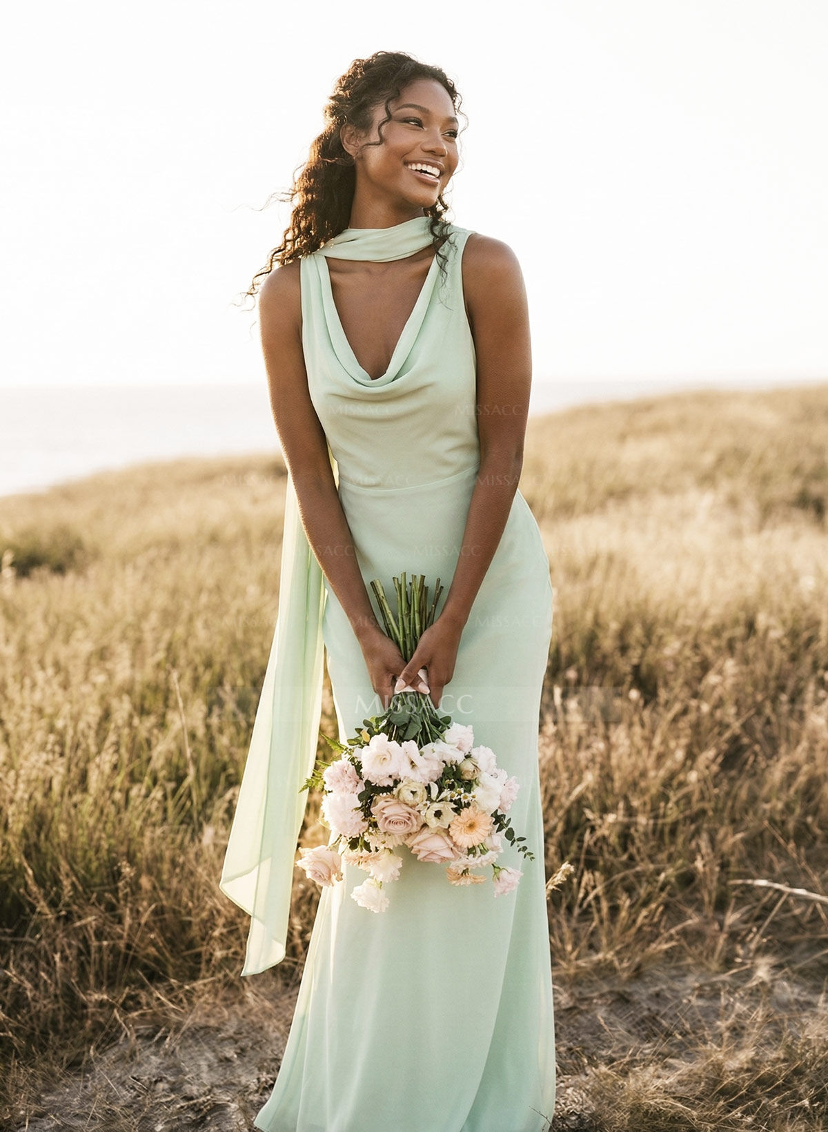 Elegant Sheath/Column Cowl Neck Sleeveless Floor-Length Chiffon Bridesmaid Dresses