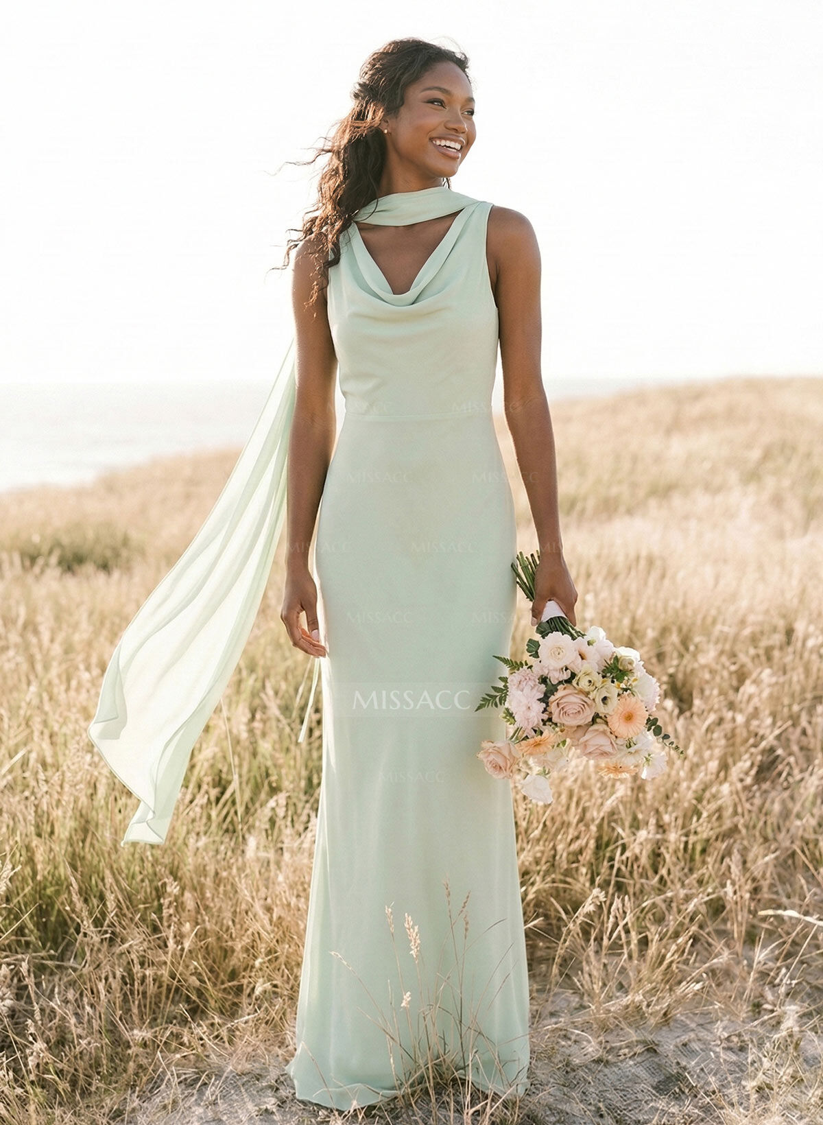 Elegant Sheath/Column Cowl Neck Sleeveless Floor-Length Chiffon Bridesmaid Dresses