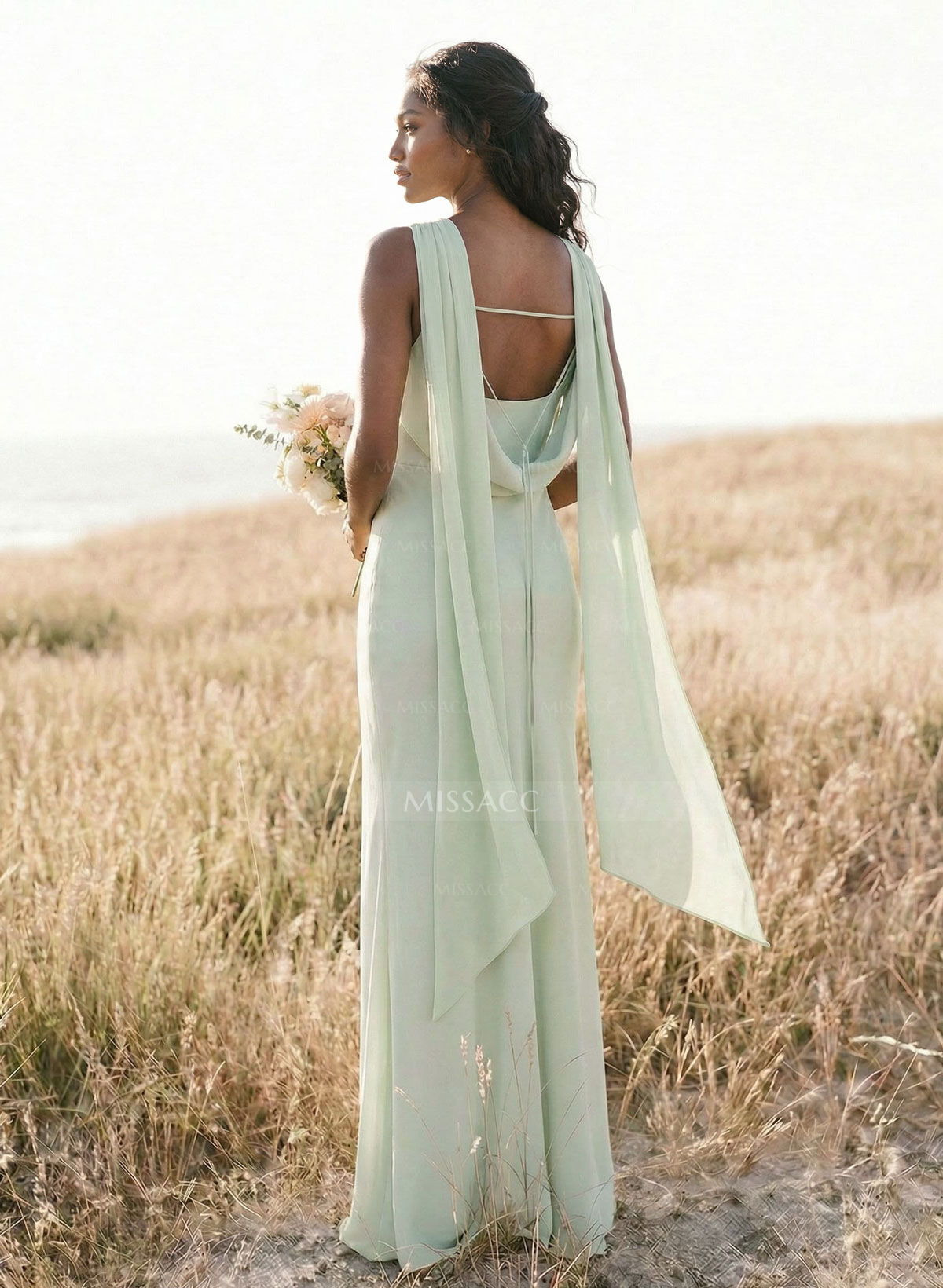 Elegant Sheath/Column Cowl Neck Sleeveless Floor-Length Chiffon Bridesmaid Dresses