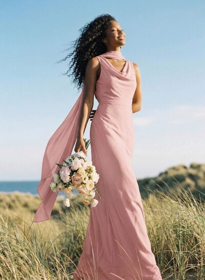 Elegant Sheath/Column Cowl Neck Sleeveless Floor-Length Chiffon Bridesmaid Dresses