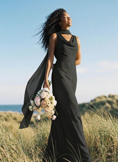 Elegant Sheath/Column Cowl Neck Sleeveless Floor-Length Chiffon Bridesmaid Dresses