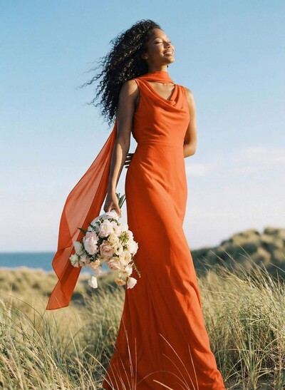 Elegant Sheath/Column Cowl Neck Sleeveless Floor-Length Chiffon Bridesmaid Dresses