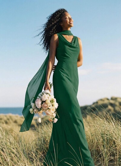 Elegant Sheath/Column Cowl Neck Sleeveless Floor-Length Chiffon Bridesmaid Dresses