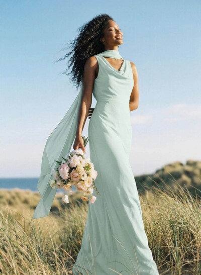 Elegant Sheath/Column Cowl Neck Sleeveless Floor-Length Chiffon Bridesmaid Dresses