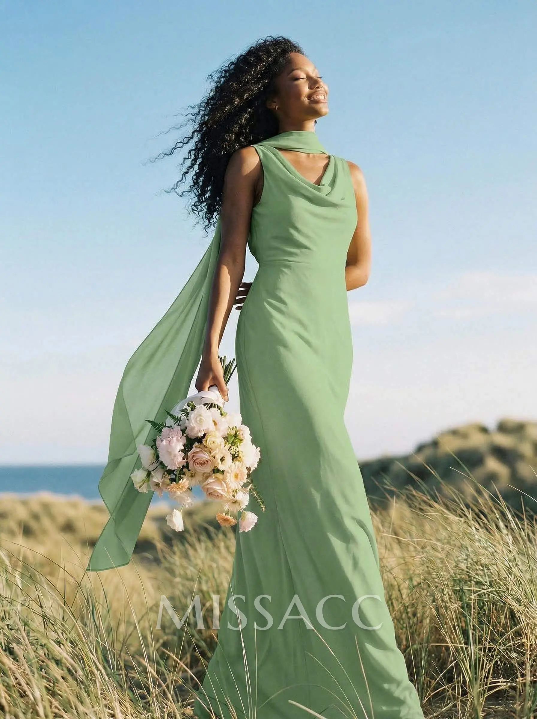 sheath/column cowl neck sleeveless chiffon bridesmaid dresses with pleated split Missacc Sage Green Elegant Floor-Length Bridesmaid Color:#43 Emerald