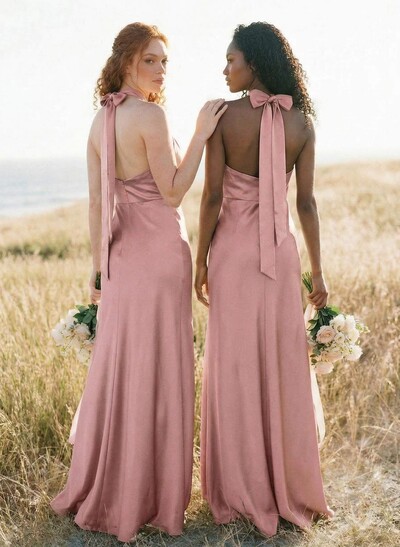 Sheath/Column Halter Sleeveless Floor-Length Charmeuse Bridesmaid Dresses With Bow(s)/High Split